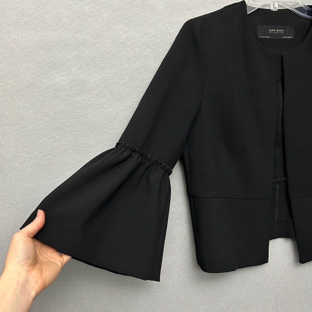 ZARA BASIC Black Bell Sleeve Cropped Blazer Jacket Open Front Size L Work Party - Picture 11 of 14